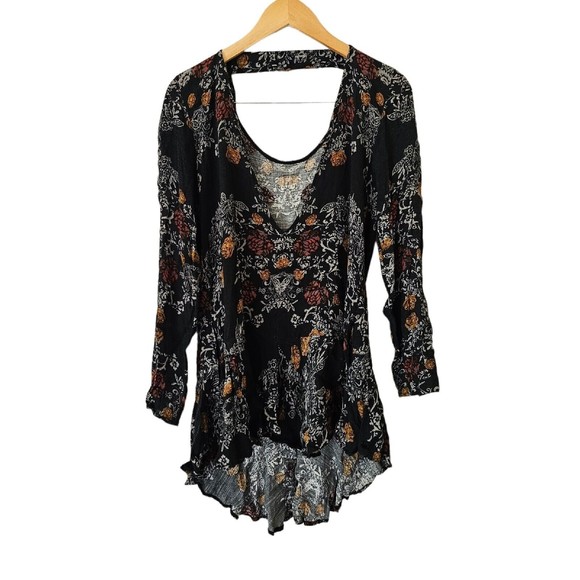 Free People Boho Babydoll Top Shirt Medium Deep V Back - Picture 3 of 6